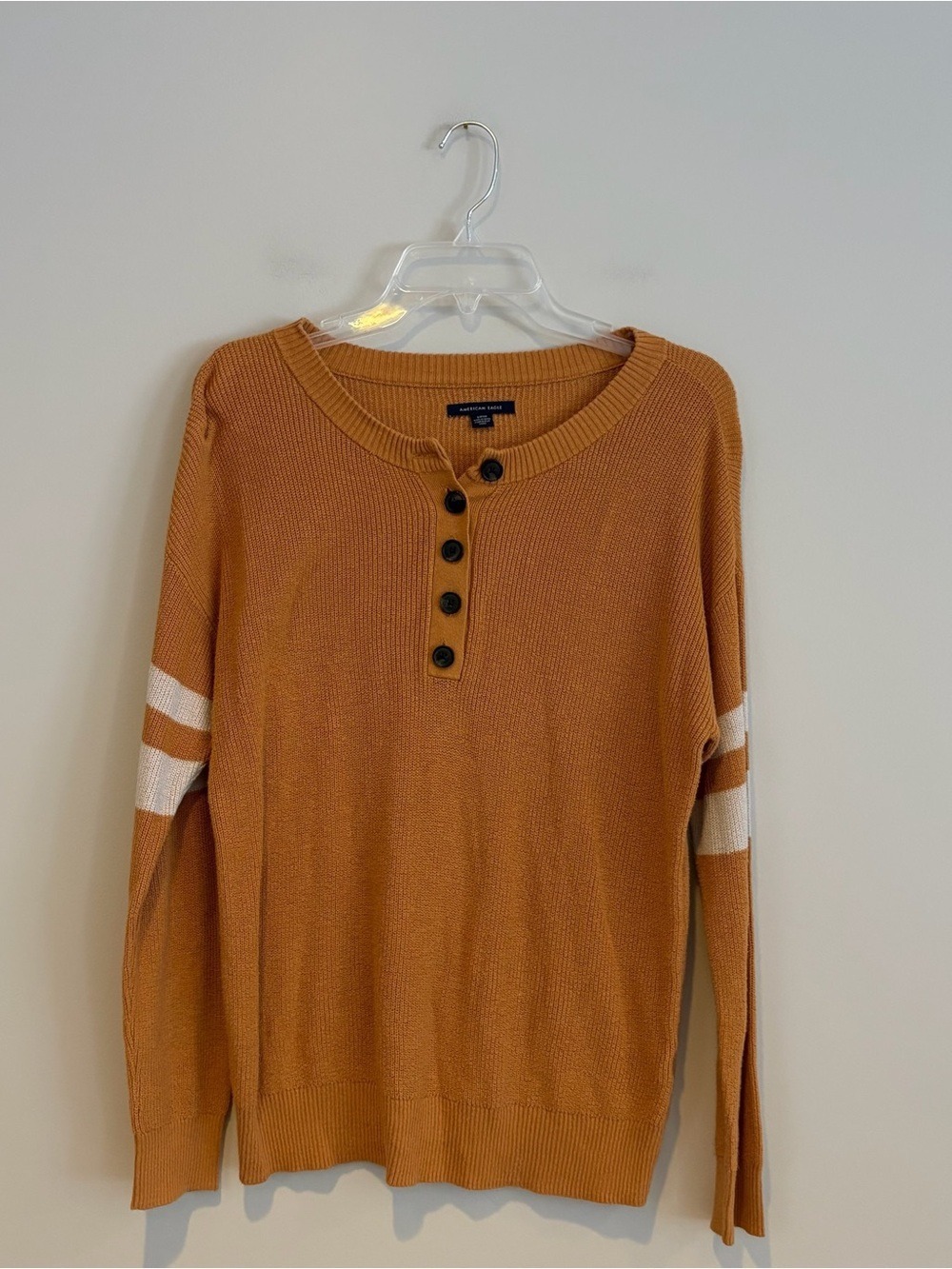 American Eagle Outfitters Rust Henley Sweater with White Sleeve Stripes Size S